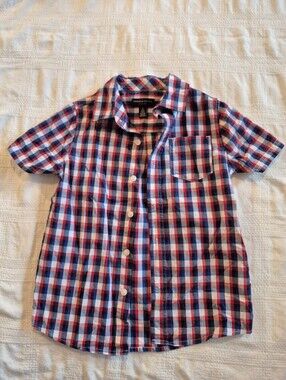 French Toast boys size 6 red blue white plaid short sleeve button up shirt VGUC